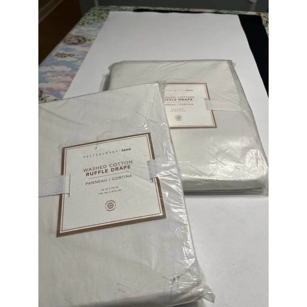 Pair of Pottery Barn Washed Cotton Ruffle Drape Curtains 52x84” per Panel